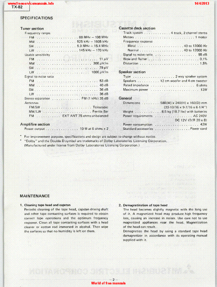 MITSUBISHI TX-82 Service Manual download, schematics, eeprom, repair ...