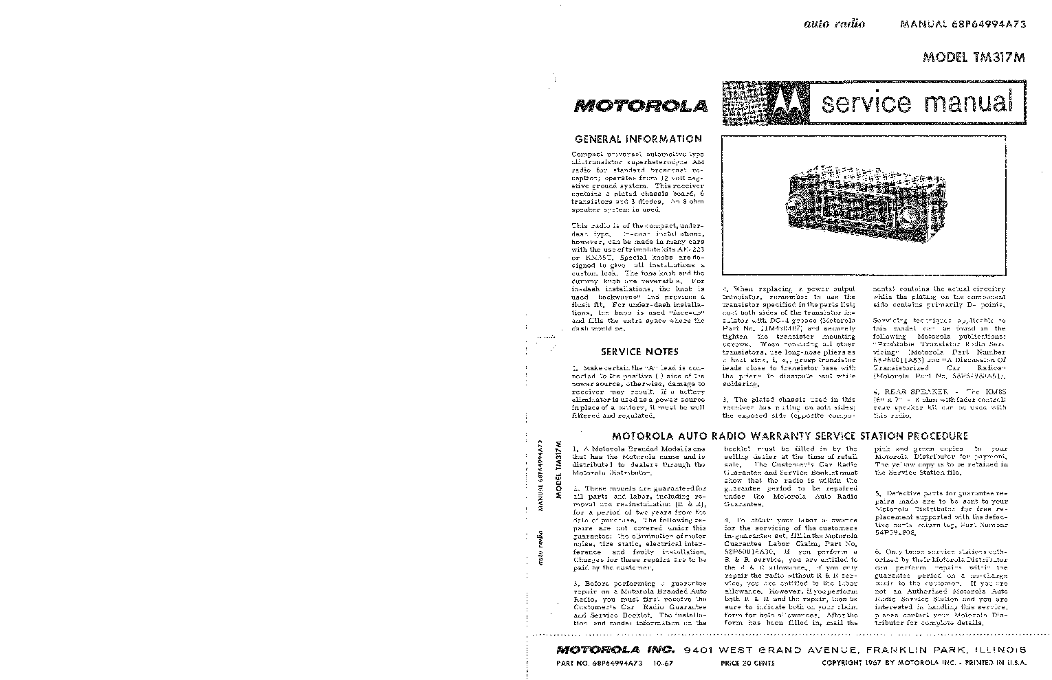 MOTOROLA TM-317M AUTORADIO 1967 SM service manual (1st page)