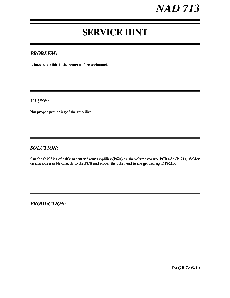 NAD 713 SERVICE HINT PAGE 7-98-19 service manual (1st page)