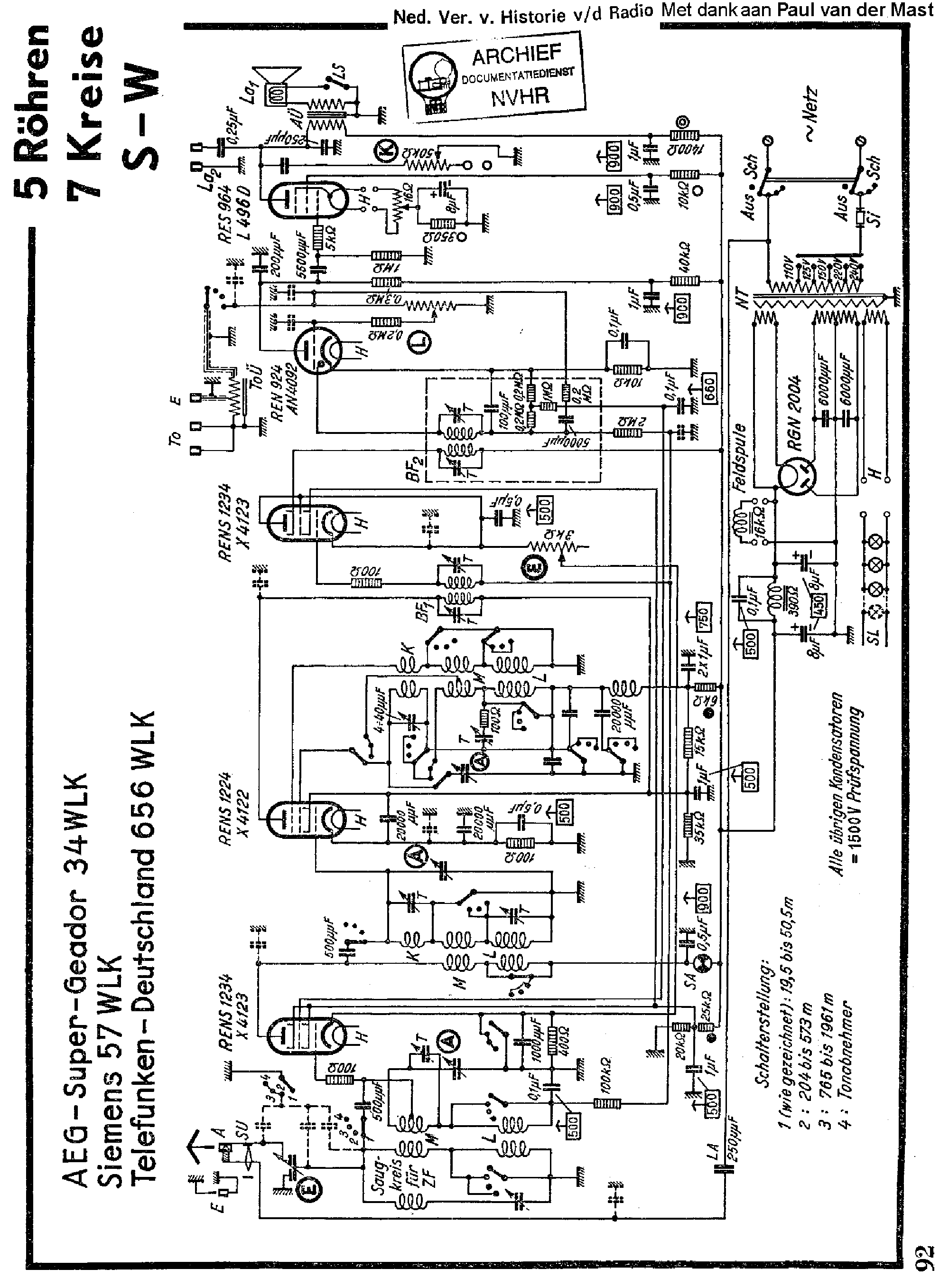 AEG SUPER-GEADOR 34WLK SIEMENS 57WLK TELEFUNKEN-DEUTSCHLAND 656WLK RECEIVER SCH service manual