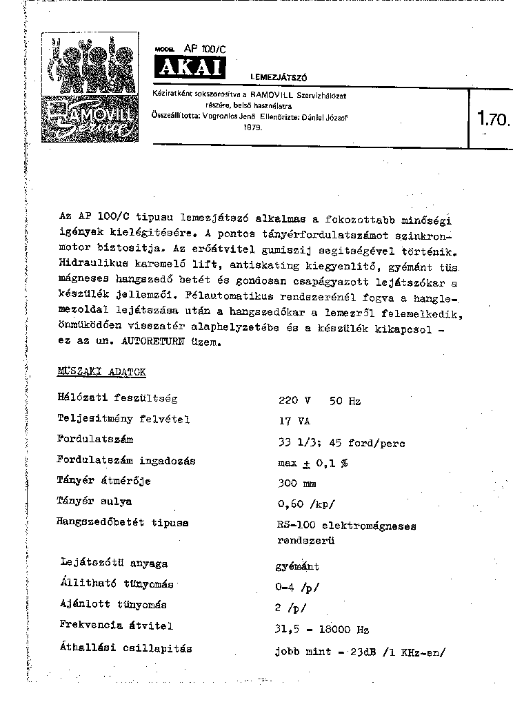 AKAI AP-100C LEMEZJATSZO SZERVIZKONYV service manual (1st page)