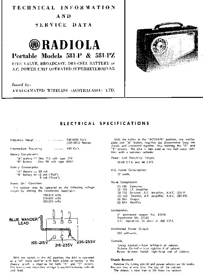 AMALGAMATED WIRELESS AUSTRALASIA AWA RADIOLA 581-P 581-PZ PORTABLE DRY-CELL-BATTERY AC RADIO SM service manual