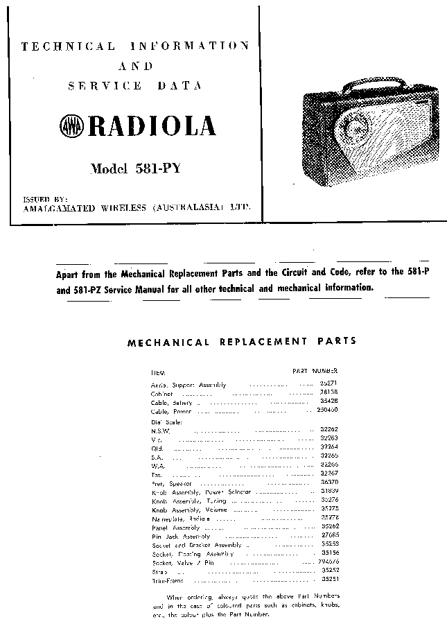 AMALGAMATED WIRELESS AUSTRALASIA AWA RADIOLA 581-PY PORTABLE BATTERY-AND-AC RADIO SM service manual