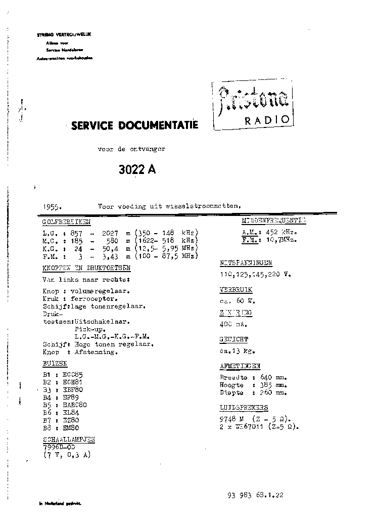 ARISTONA 3022A RADIO 1955 SM service manual