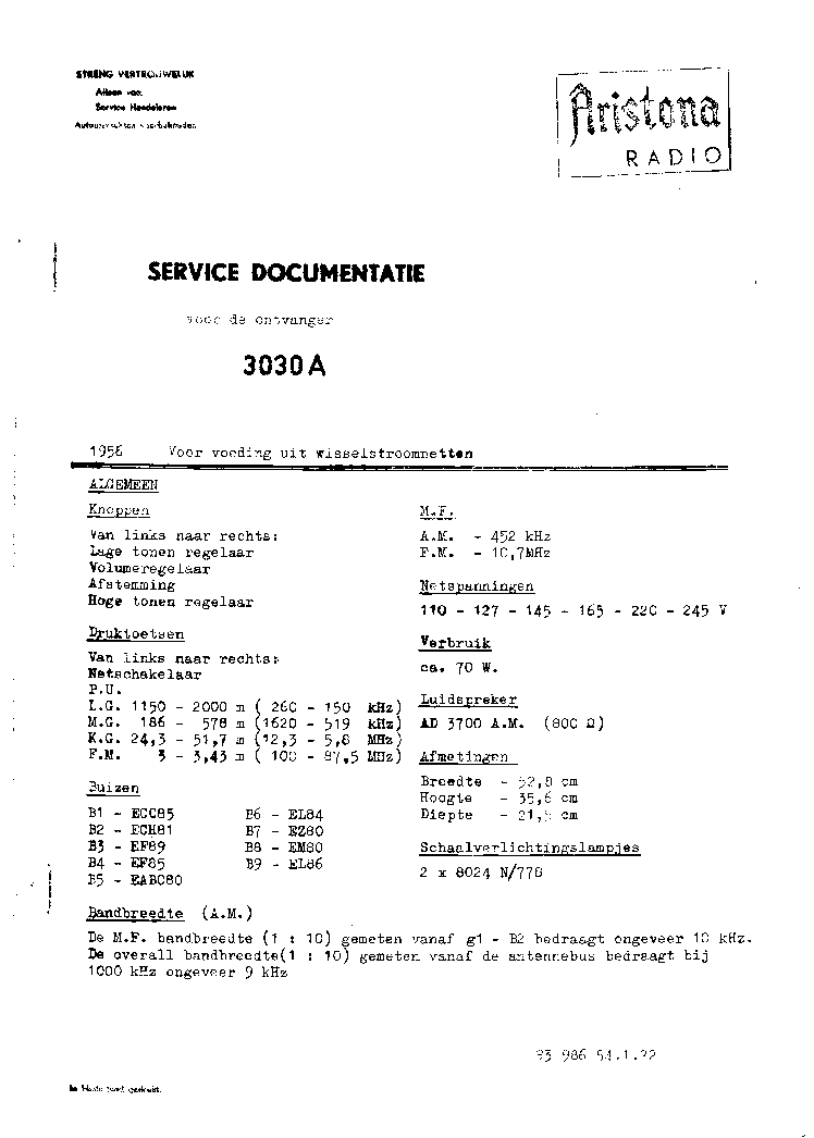 ARISTONA 3030A RADIO 1956 SM service manual