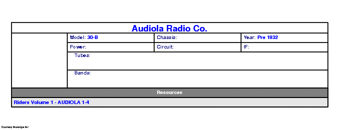 AUDIOLA RADIO CO 30-B SCH service manual