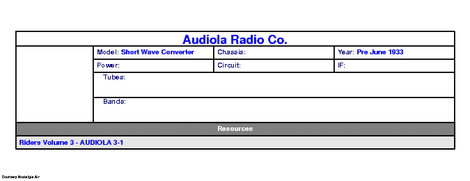 AUDIOLA RADIO CO SHORT WAVE CONVERTER SCH service manual