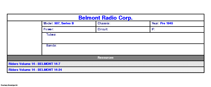 BELMONT RADIO CORP. 507, SERIES B SCH service manual (1st page)