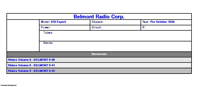 BELMONT RADIO CORP. 910 EXPORT SCH service manual (1st page)