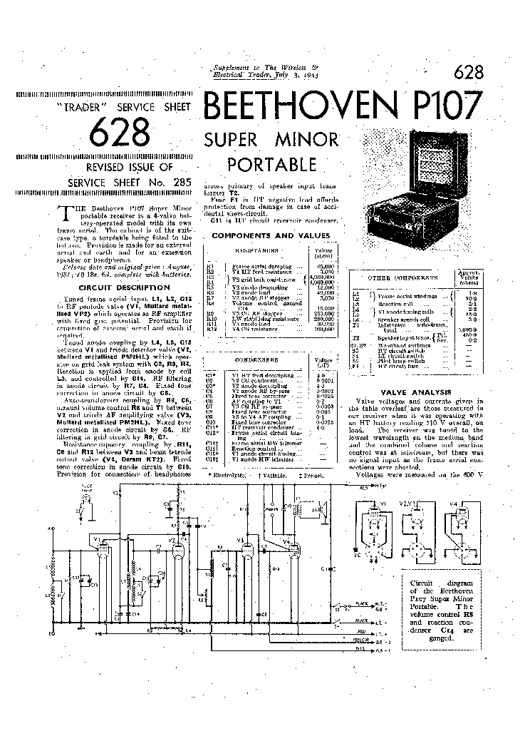 BEETHOVEN SUPER MINOR PORTABLE BATTERY RADIO 1943 SM service manual