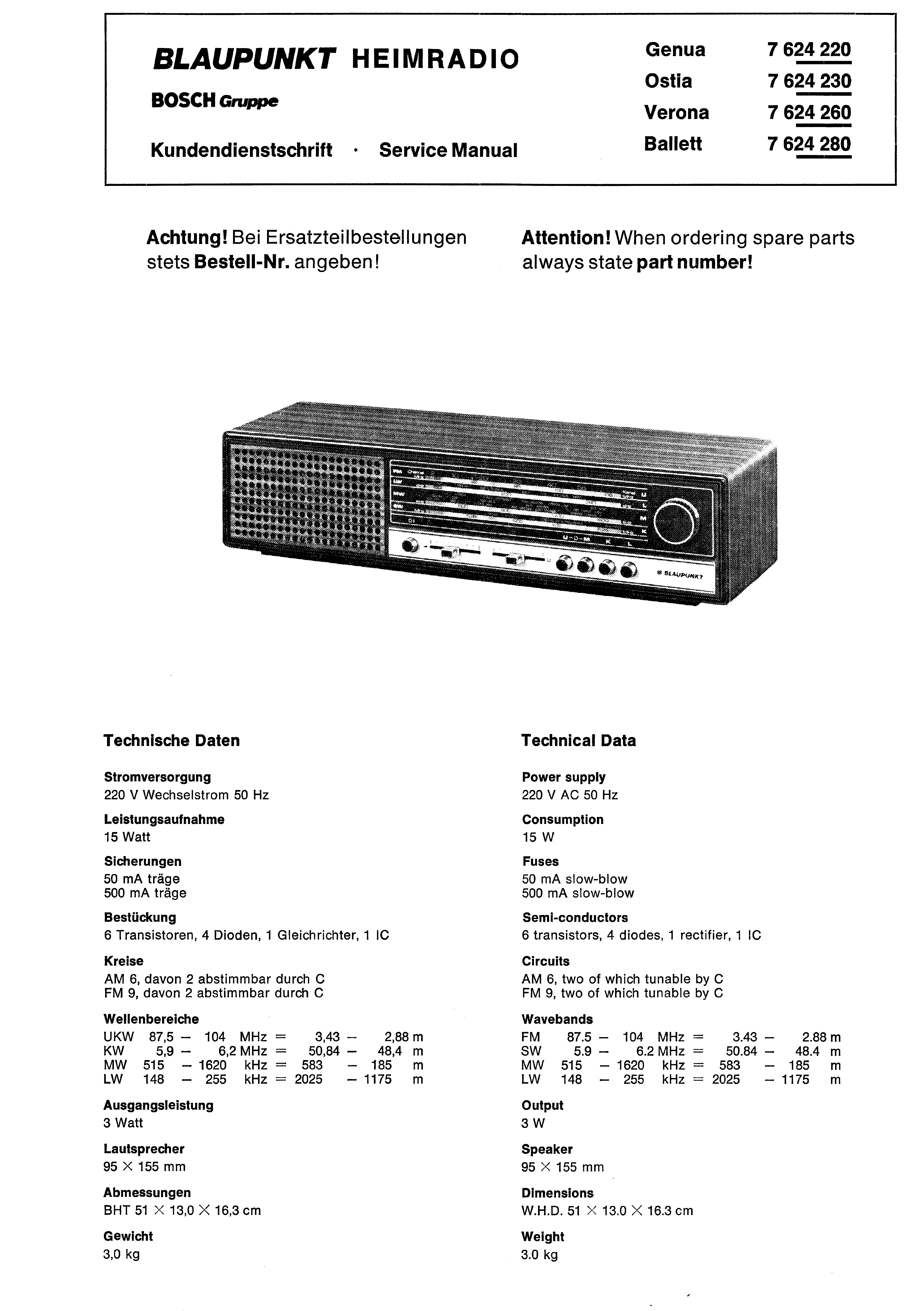 BLAUPUNKT GENUA OSTIA VERONA BALLETT 7 624 2XX SM service manual