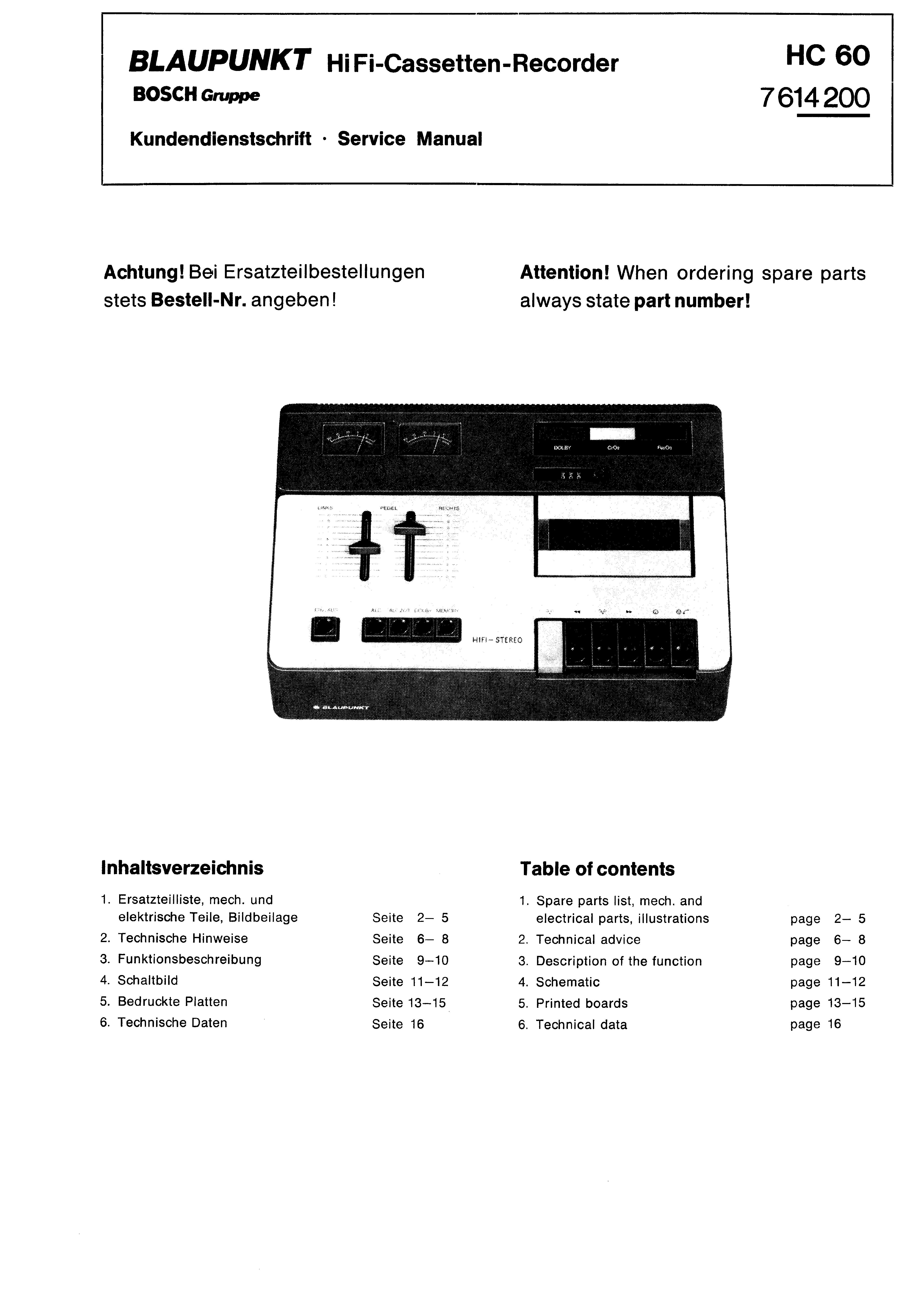 BLAUPUNKT HI FI-CASSETTEN-RECORDER HC 60 SM service manual