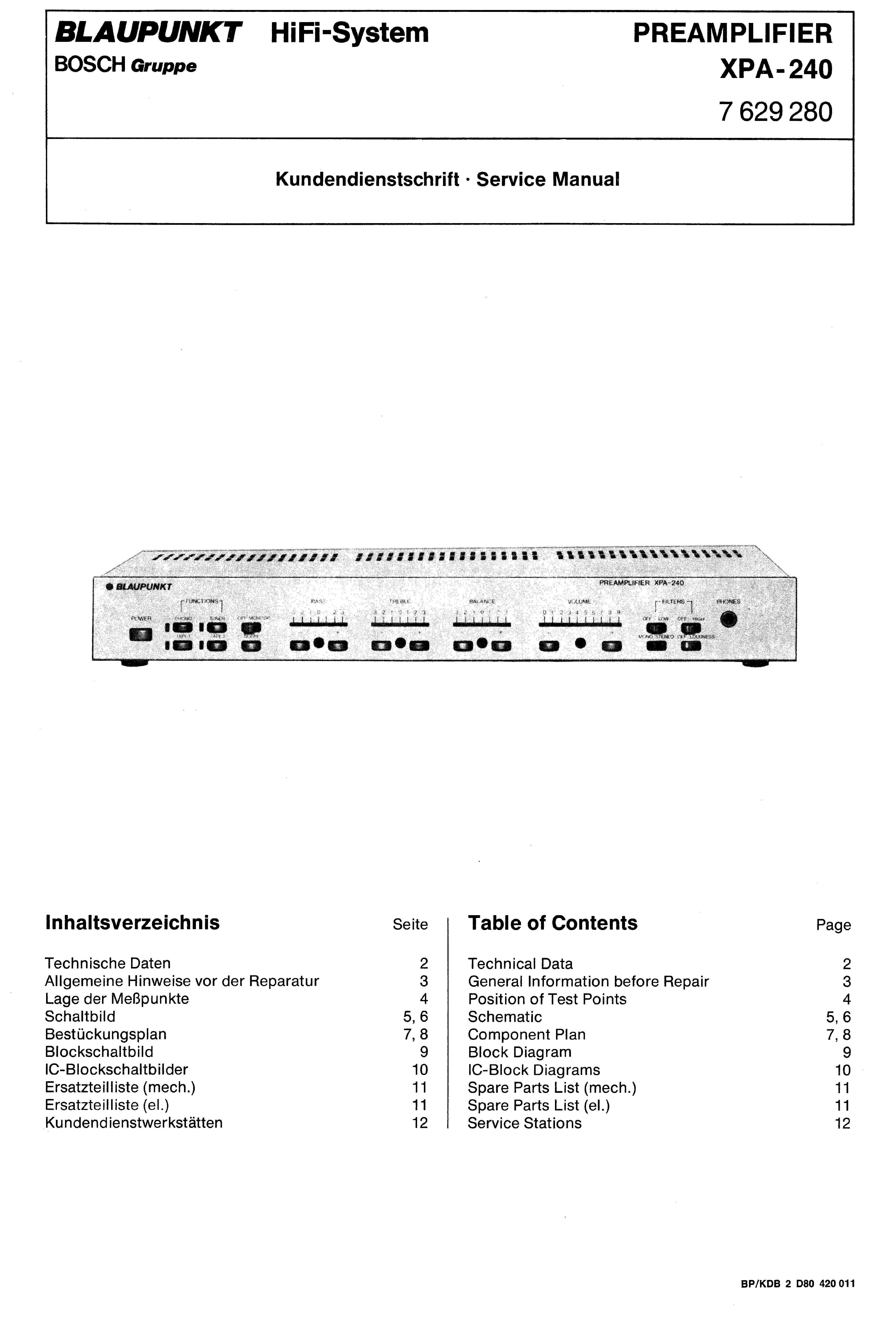 BLAUPUNKT PREAMPLIFIER XPA-240 SM service manual