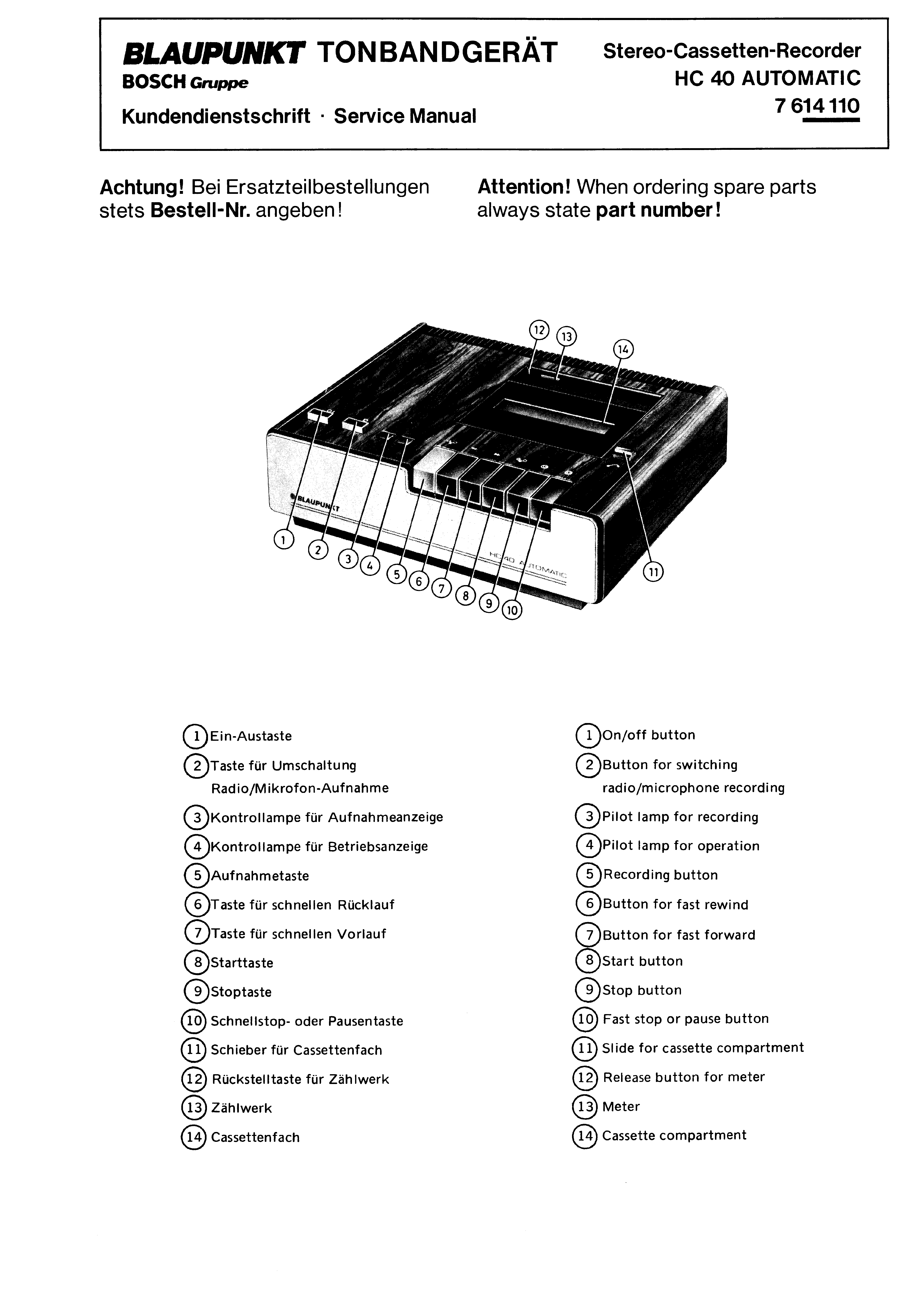 BLAUPUNKT STEREO-CASSETTEN-RECORDER HC 40 AUTOMATIC 7614110 SM service manual