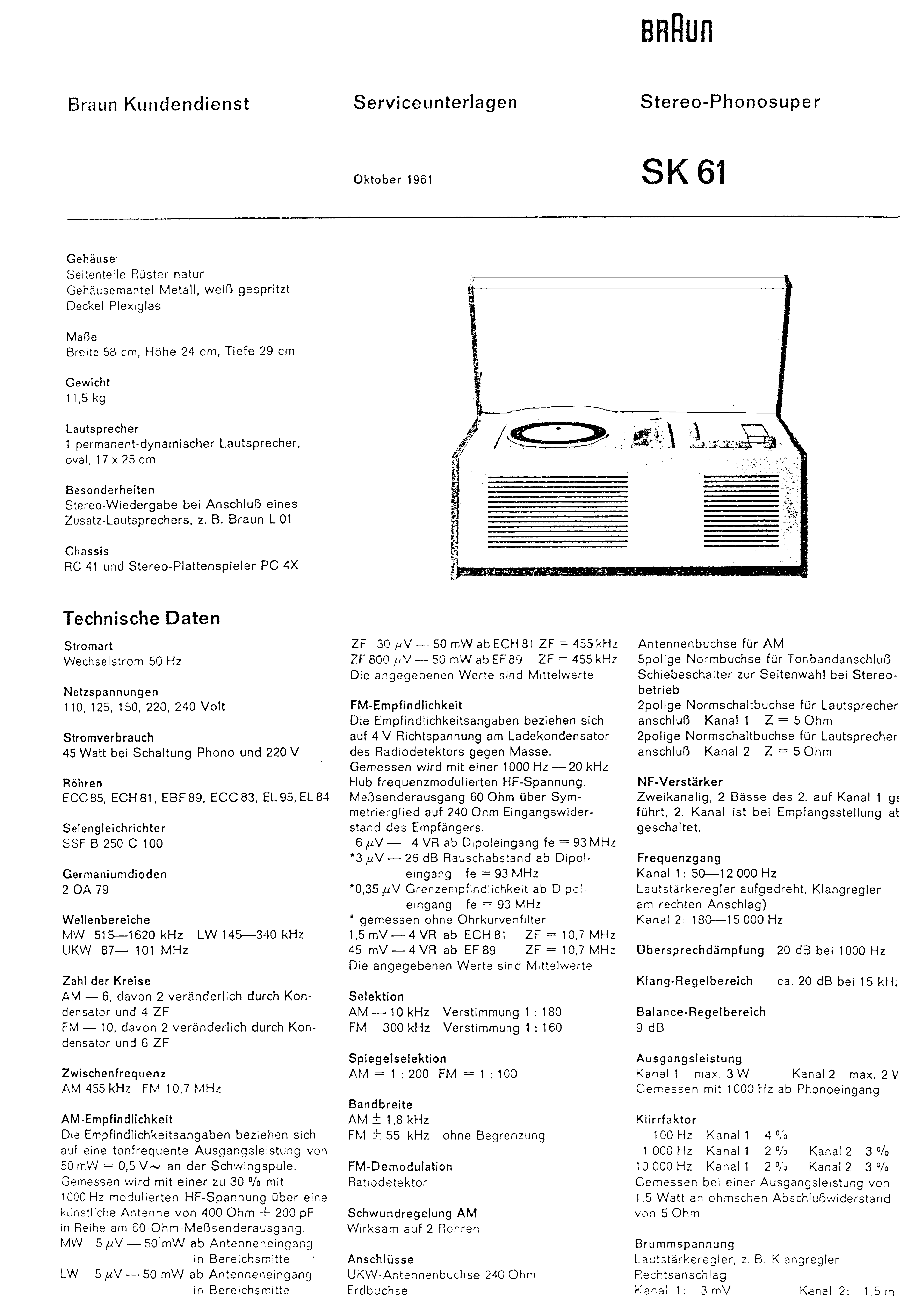 Service Manual-Anleitung für Braun SK 61