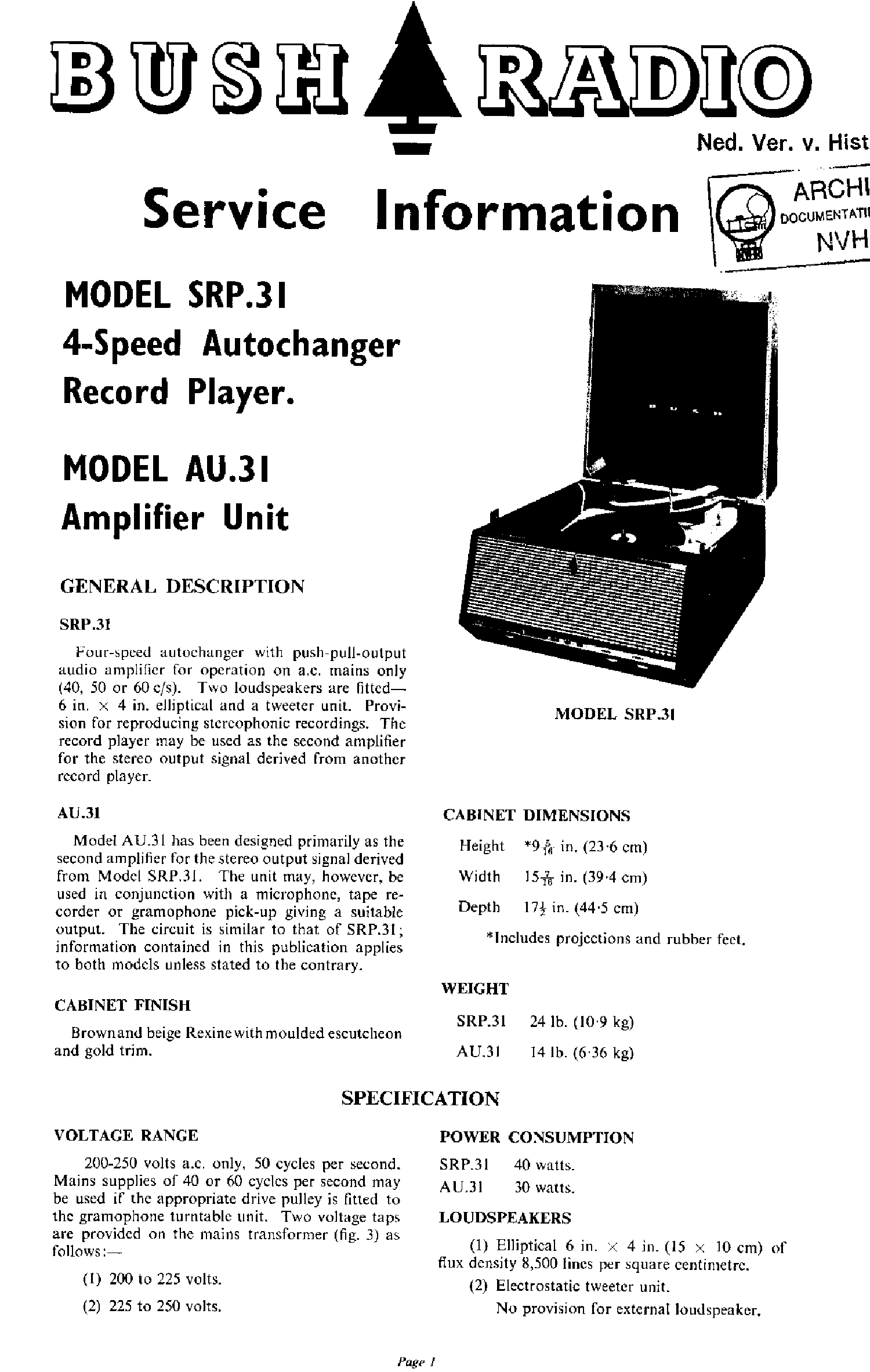 BUSH SRP31 4-SPEED AUTOCHABGER RECORD-PLAYER AU31 AMPLIFIER SM Service Manual download ...