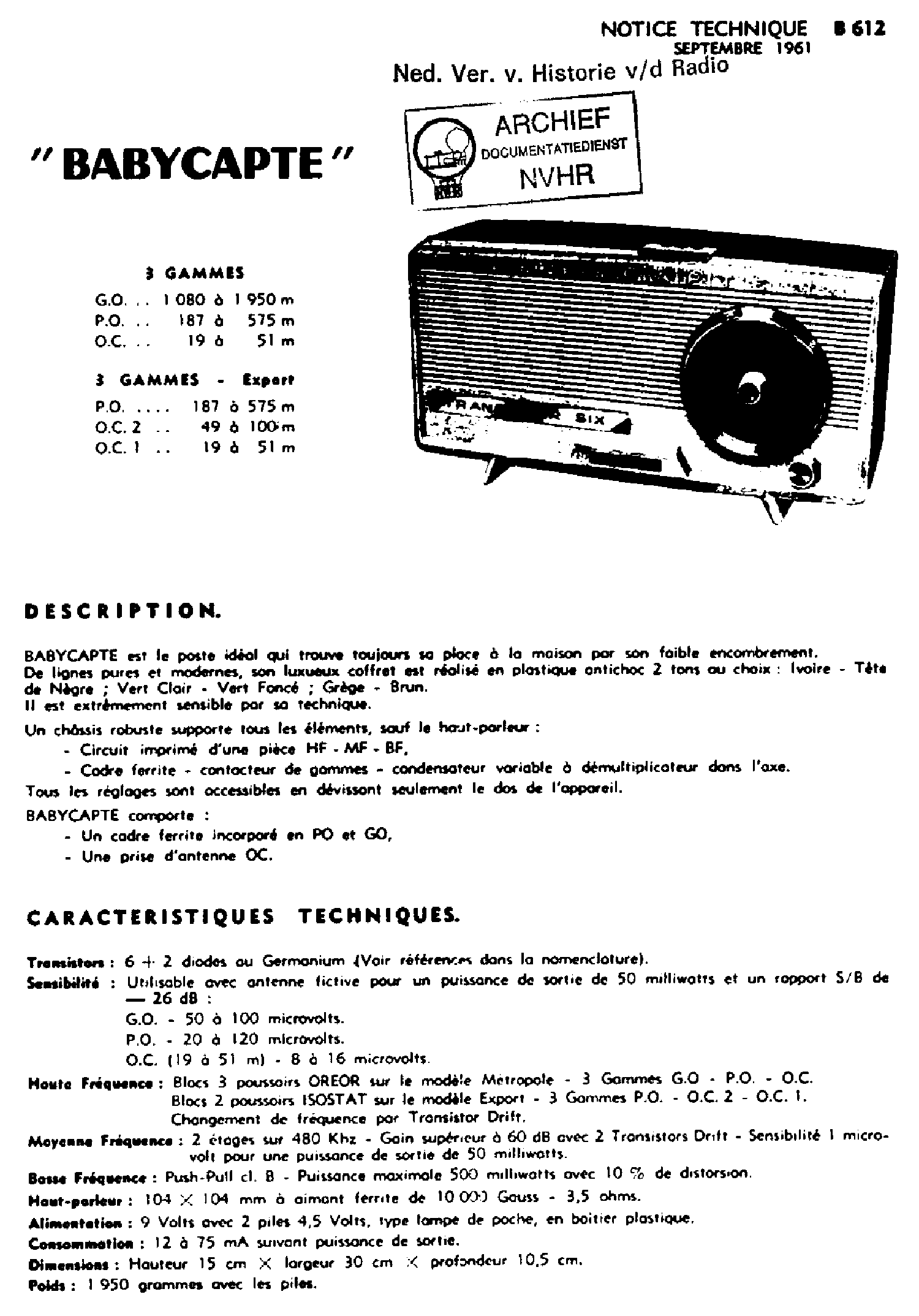 CELARD BABYCAPTE TRANSISTOR RADIO 1961 SM service manual (1st page)