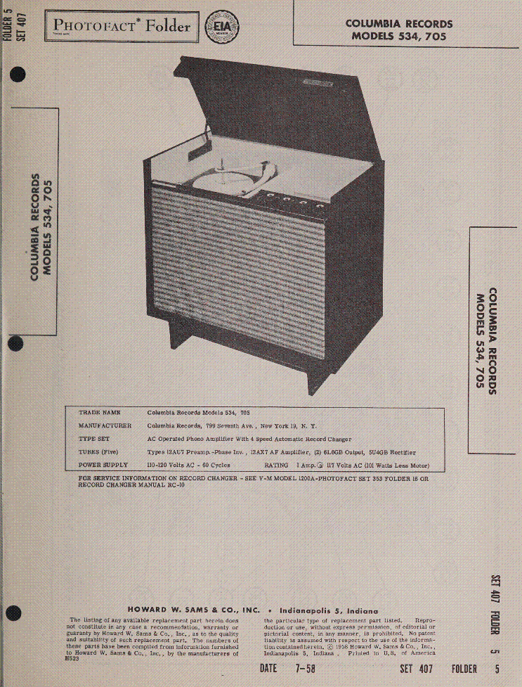 COLUMBIA RECORDS MODELS 534 705 SM service manual (1st page)