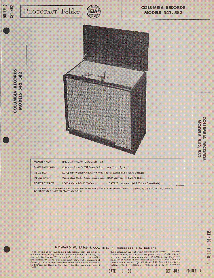 COLUMBIA RECORDS MODELS 542 582 SM service manual (1st page)