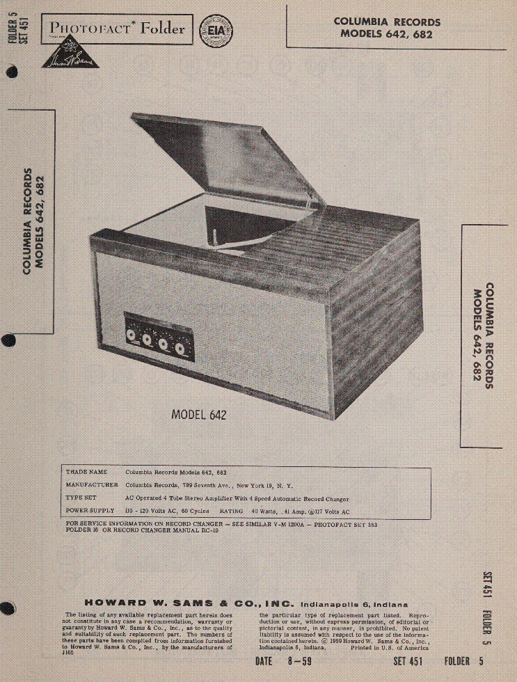COLUMBIA RECORDS MODELS 642 682 SM service manual (1st page)