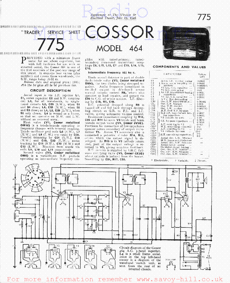 COSSOR 464 Service Manual download, schematics, eeprom, repair info for .