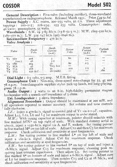 COSSOR 502 GRAMO RADIO 1951 SM service manual