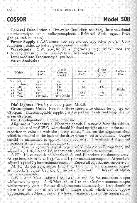 COSSOR 508 GRAMO RADIO 1952 SM service manual