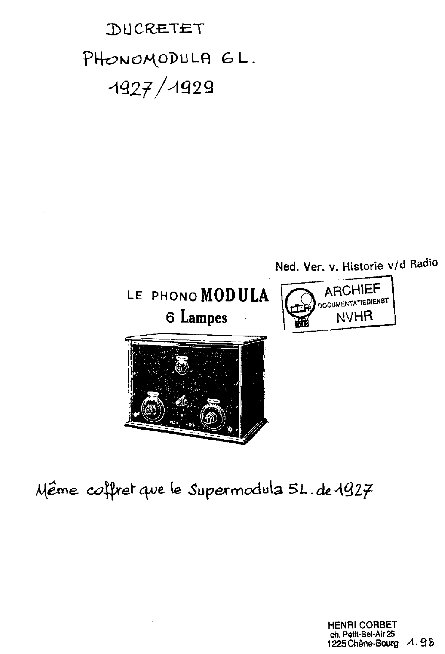 DUCRETET PM-6 PHONO-MODULA EARLY BATTERY RECEIVER 1927 SM service manual
