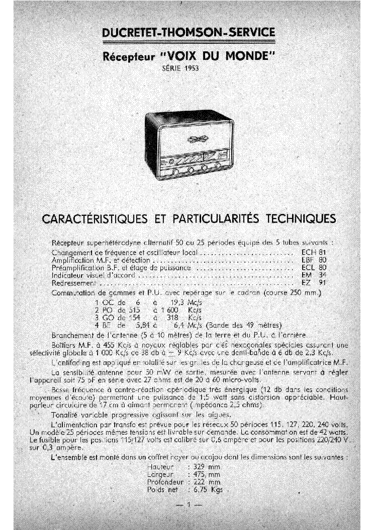 DUCRETET THOMSON VOIX DU MONDE 53 RADIO 1953 SM service manual (1st page)