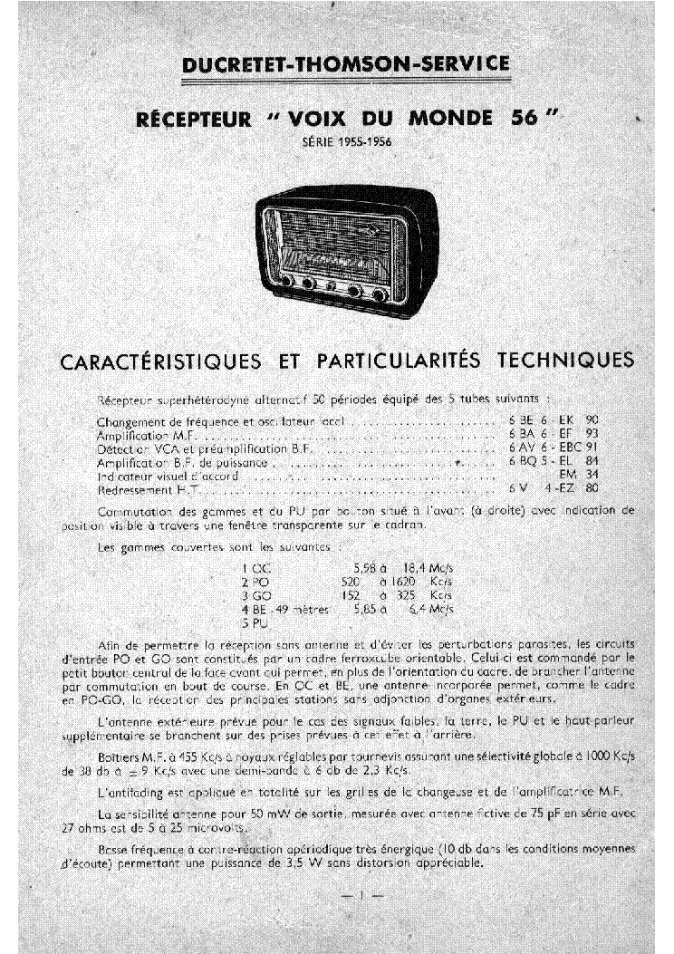 DUCRETET THOMSON VOIX DU MONDE 56 RADIO 1956 SM service manual (1st page)
