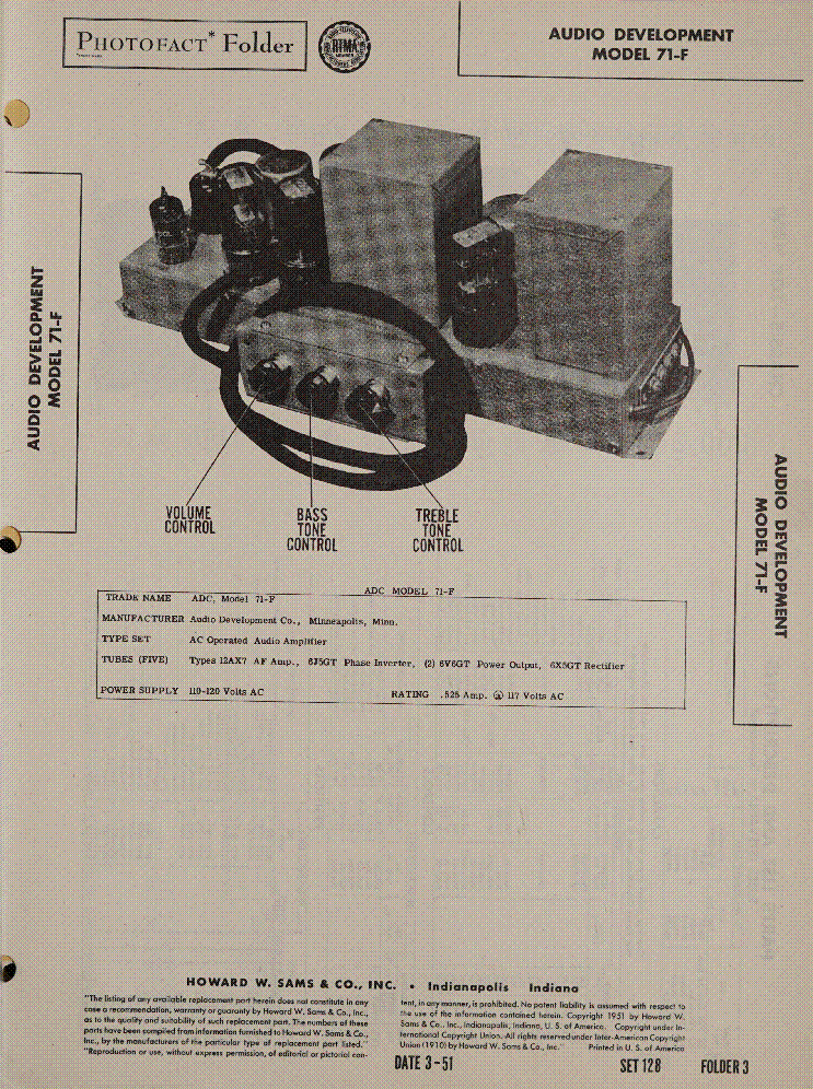 AUDIO DEVELOPMENT MODEL 71-F SM service manual