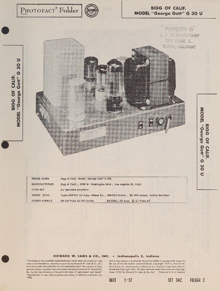 BIGG OF CALIF MODEL GEORGE GOTT G 30U SM service manual (1st page)