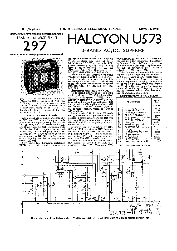 HALCYON U573 AC-DC RECEIVER 1938 SM service manual