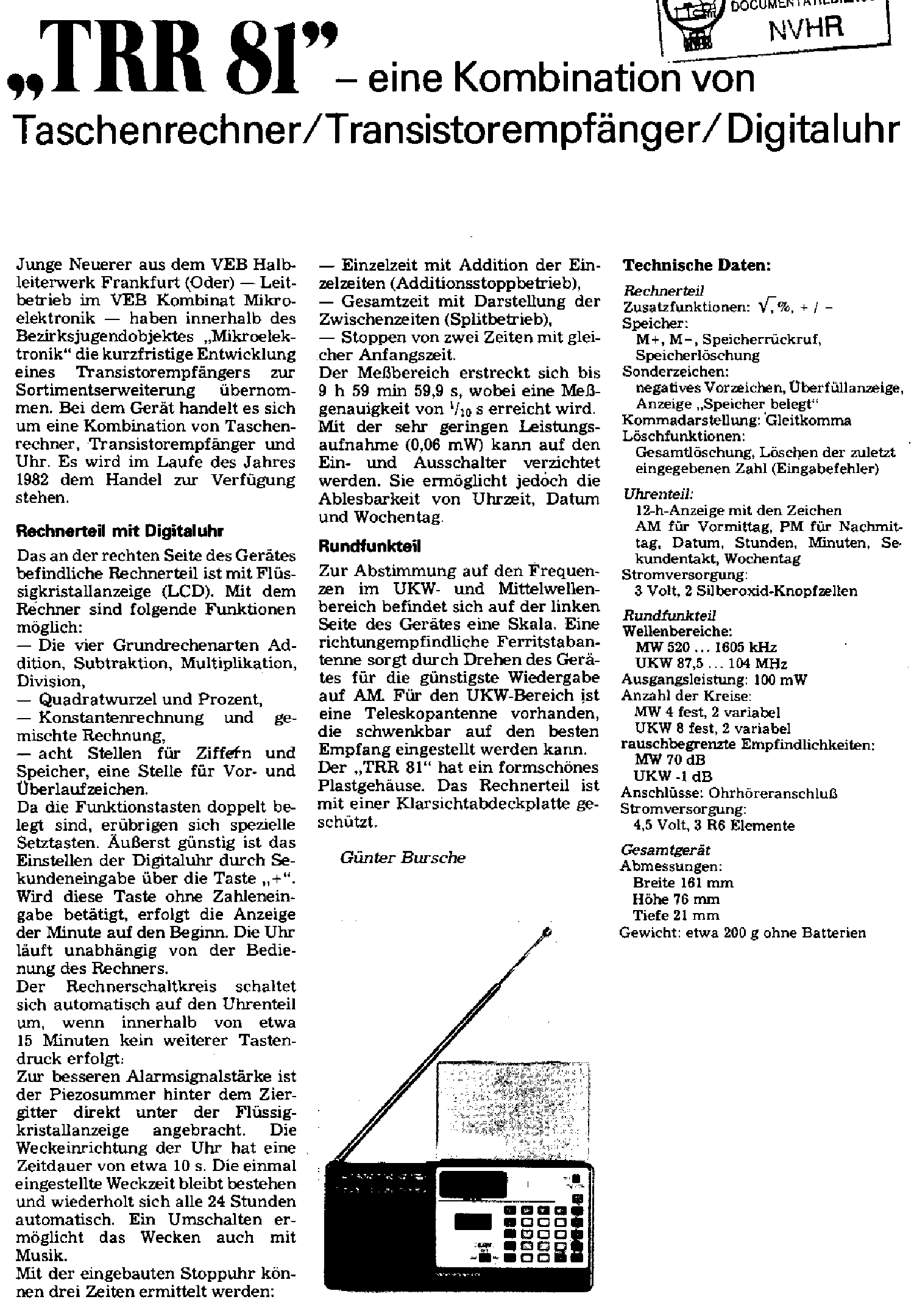 HFO-FRANKFURT TRR81 4,5V POCKET-CALCULATOR DIGIT-CLOCK RECEIVER SCH service manual (1st page)