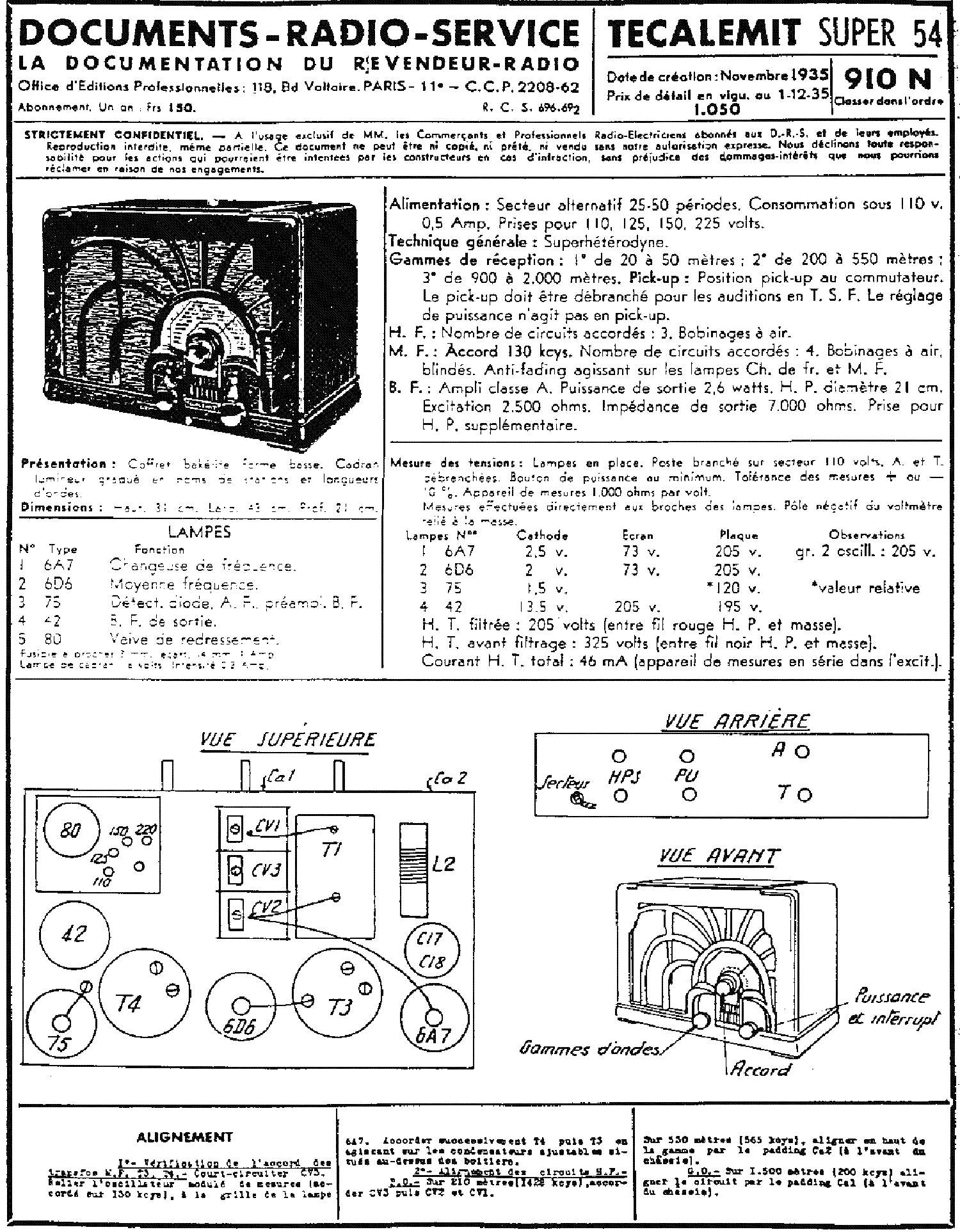 TECALEMIT SUPER54 AC-RECEIVER 1935 SM service manual