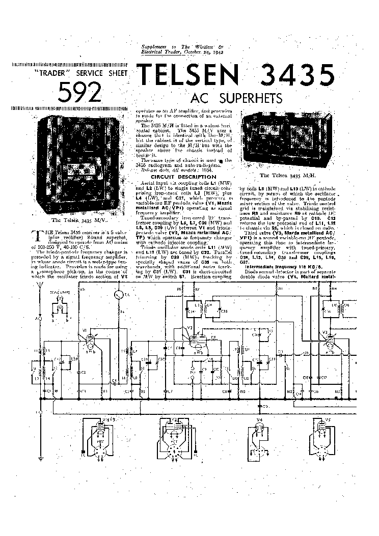 TELSEN 3435H AC RADIO 1942 SM Service Manual download, schematics ...