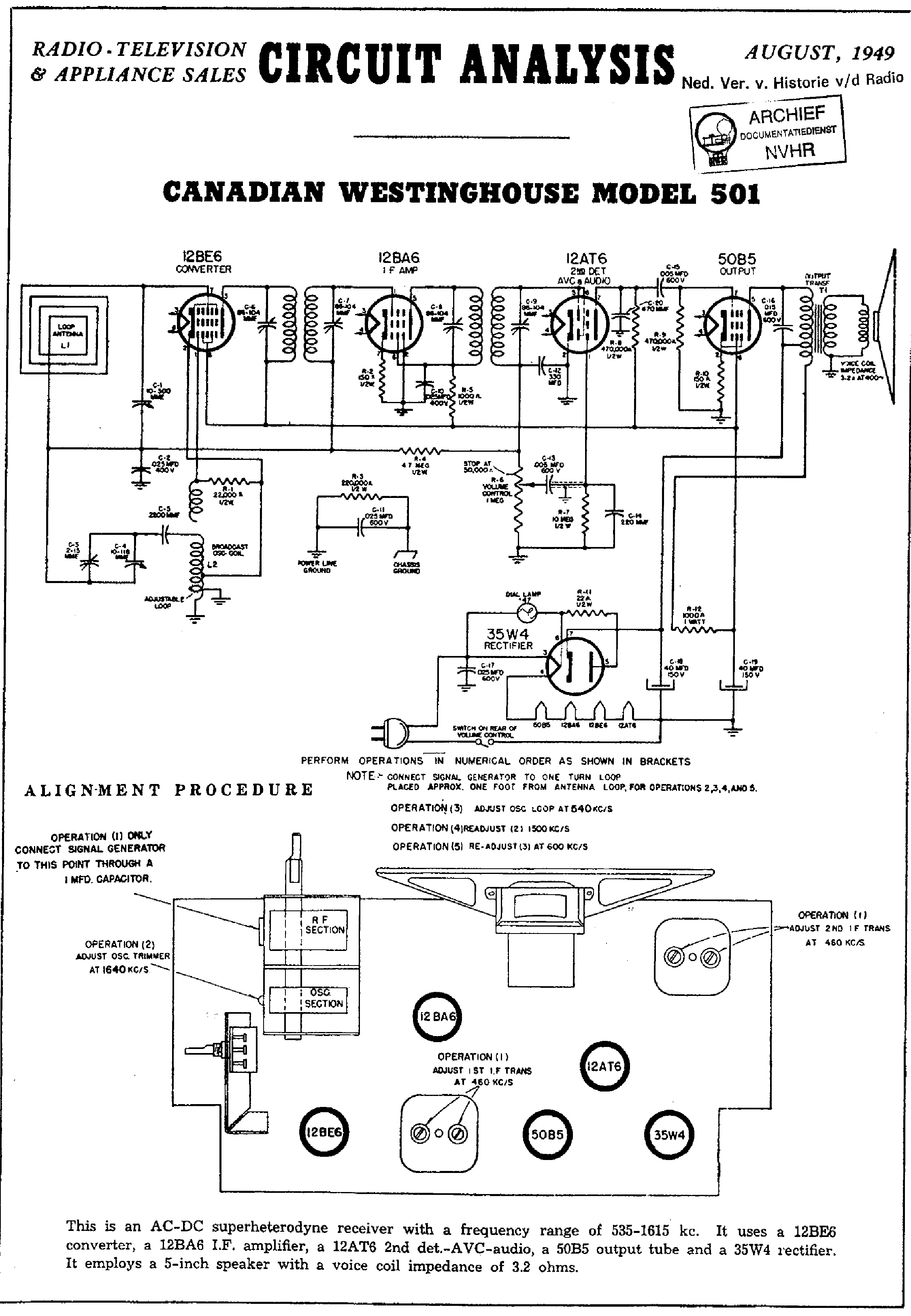 WESTINGHOUSE 501 AC-DC RECEIVER 1949 SCH service manual