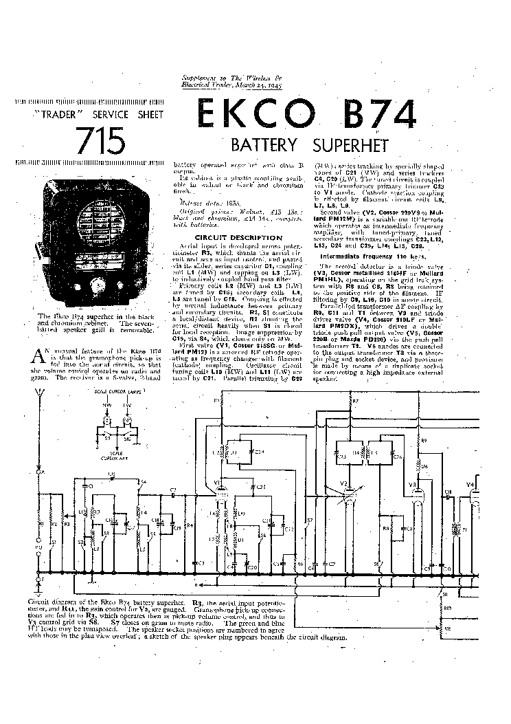 EKCO B74 BATTERY RADIO 1945 SM Service Manual download, schematics