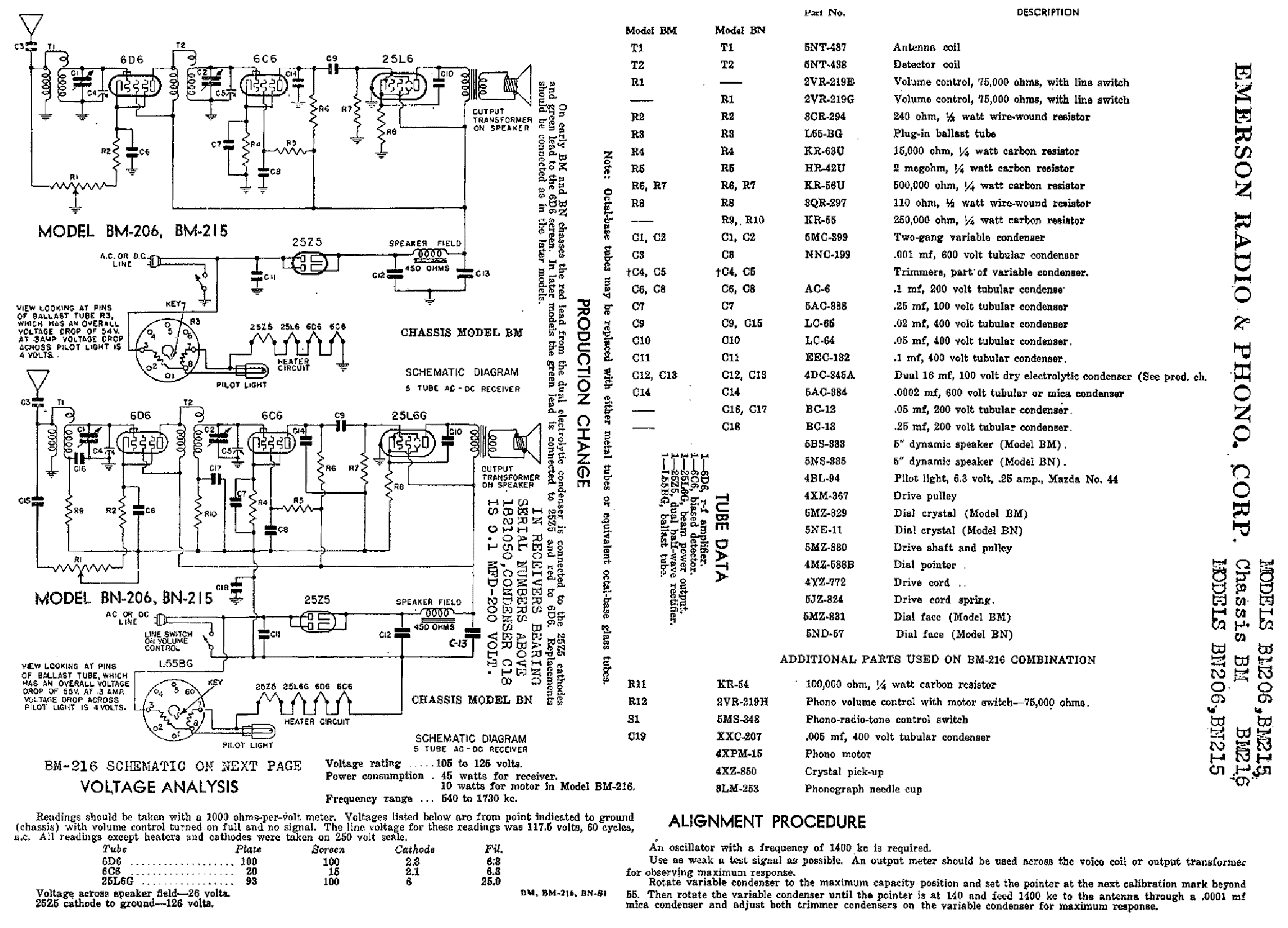 EMERSON BM206 ACDC RADIO SM Service Manual download, schematics