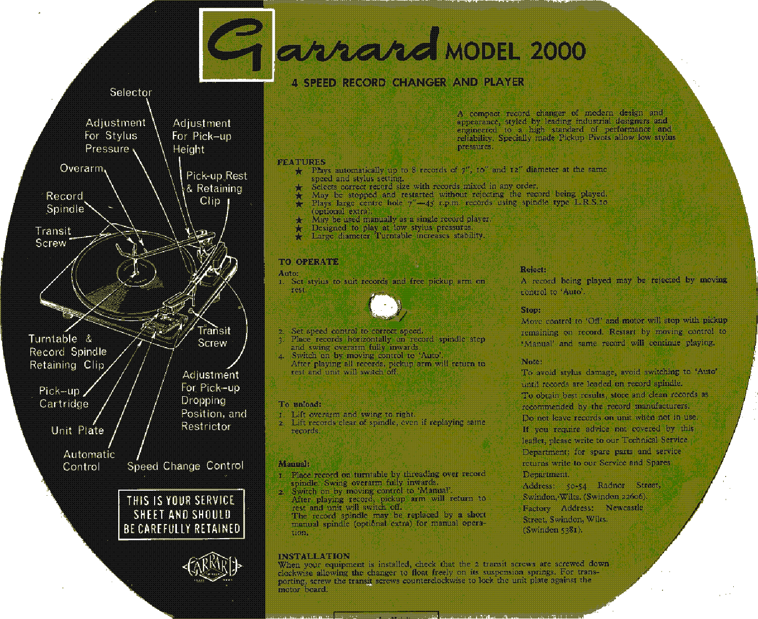 GARRARD 2000 4-SPEED RECORD CHANGER PLAYER SM service manual (1st page)