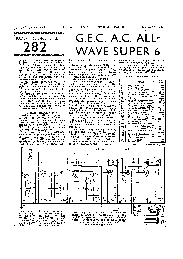 GEC BC3860 ALL WAVE6 RADIO 1938 SM service manual