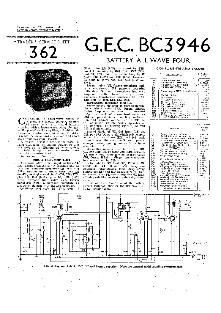 GEC BC3946 ALL WAVE4 BATTERY RADIO 1938 SM service manual