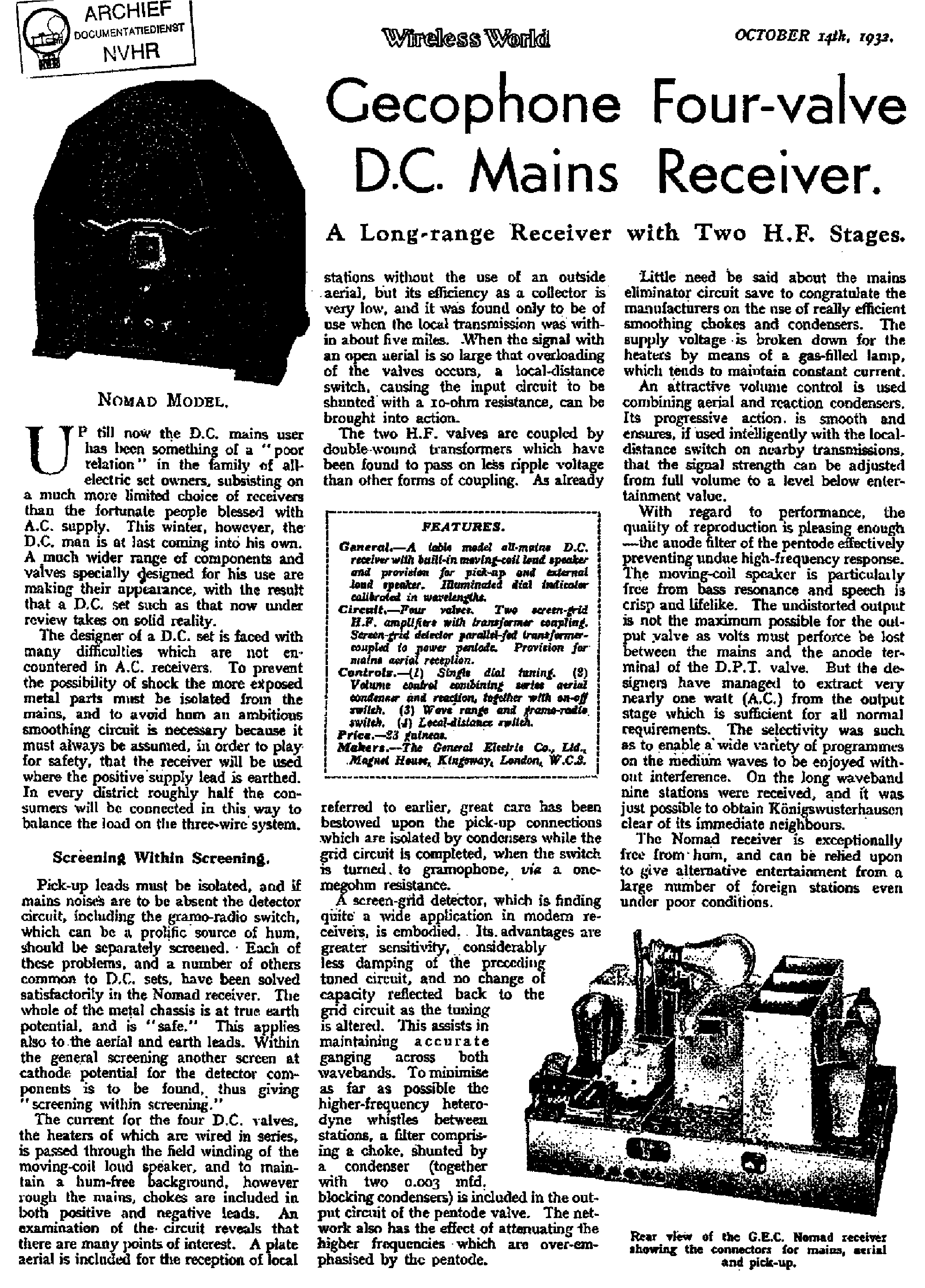 GECOPHONE NOMAD. LONG-RANGE DC RECEIVER 1932 SM service manual