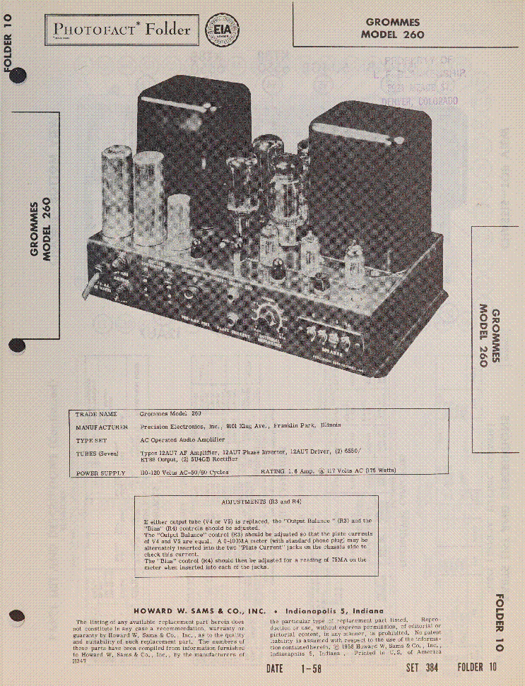 GROMMES MODEL 260 SM service manual