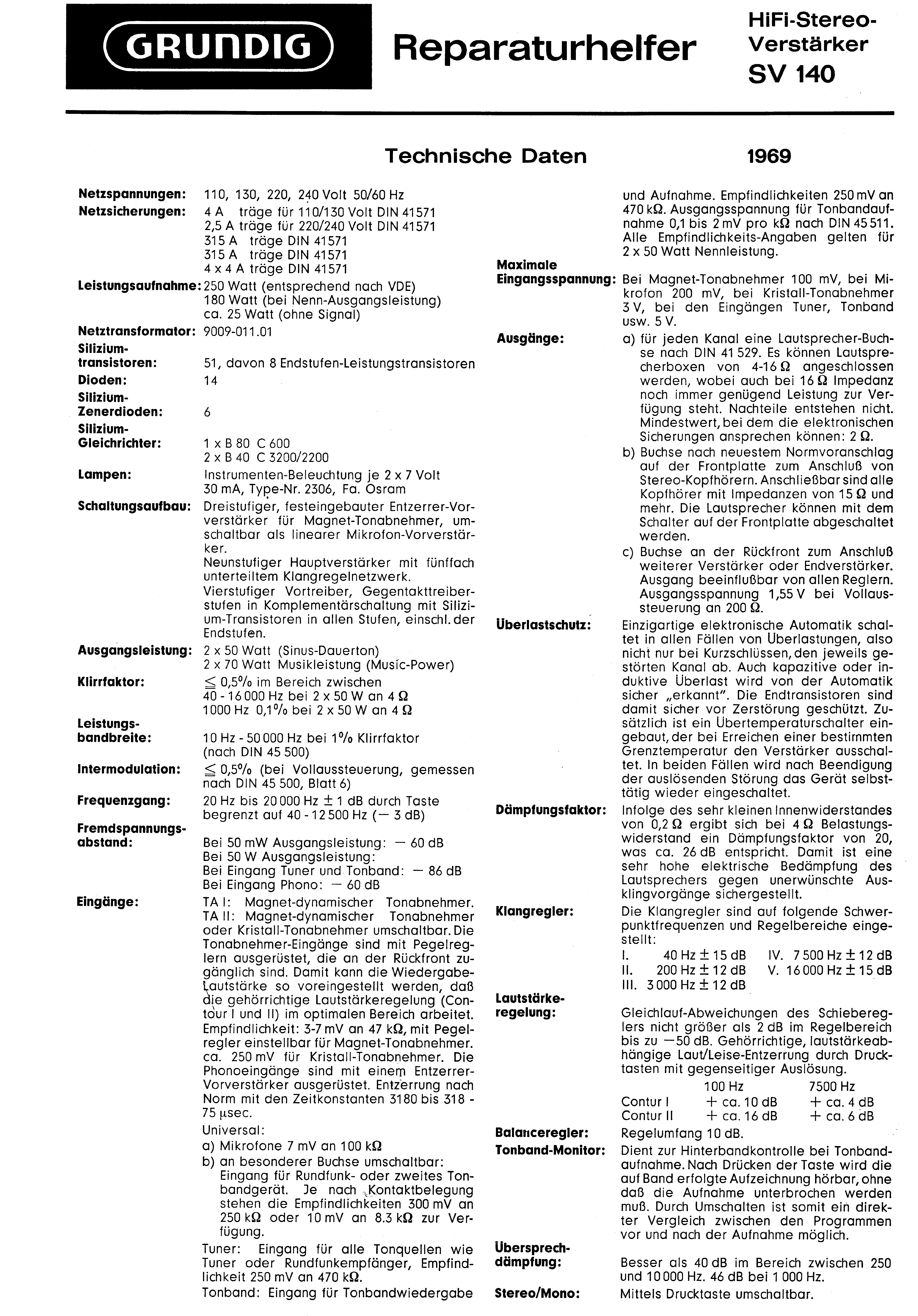 GRUNDIG HIFI-STEREO-VERSTAERKER SV 140 SM service manual