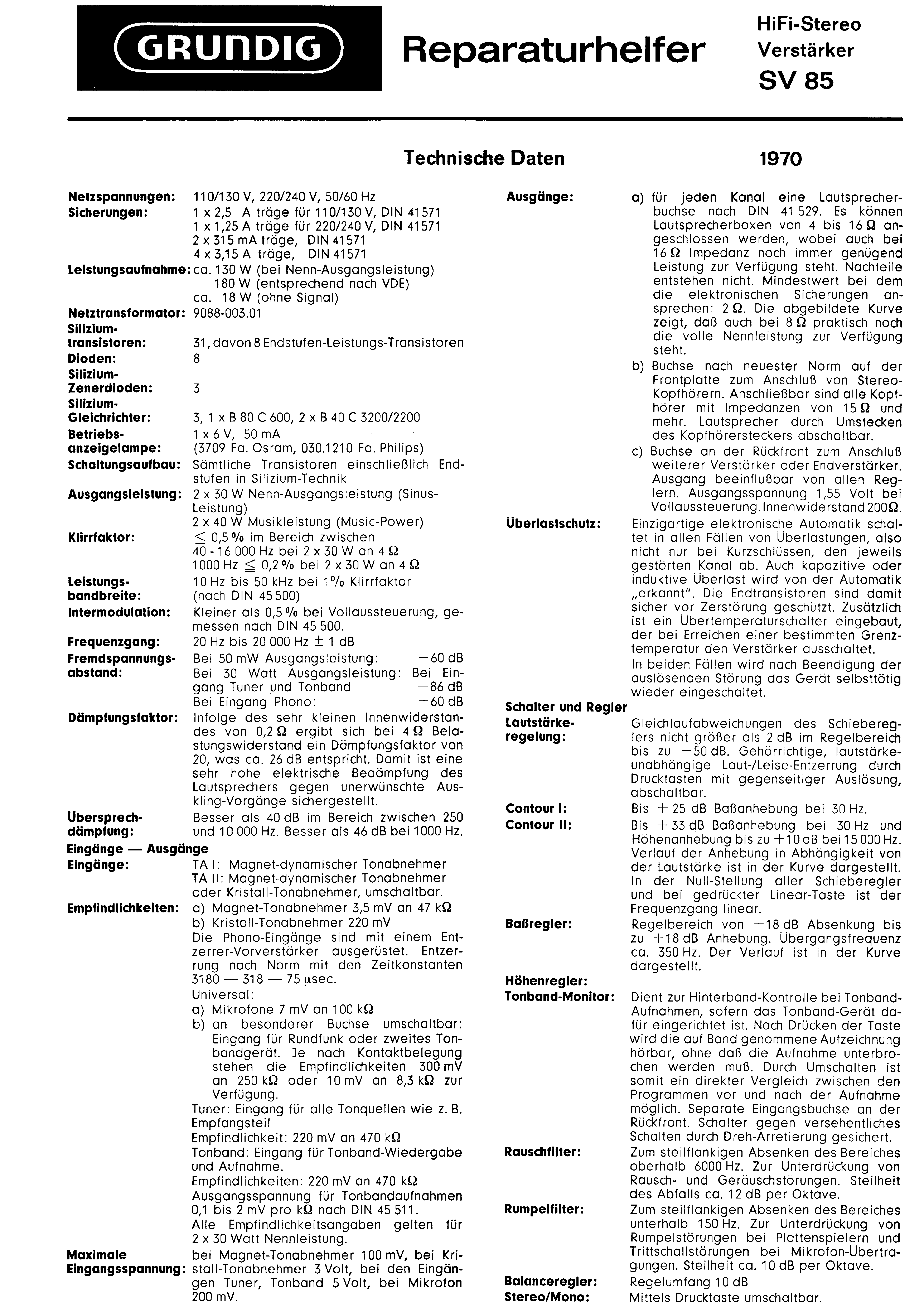 GRUNDIG HIFI-STEREO-VERSTAERKER SV 85 SM service manual