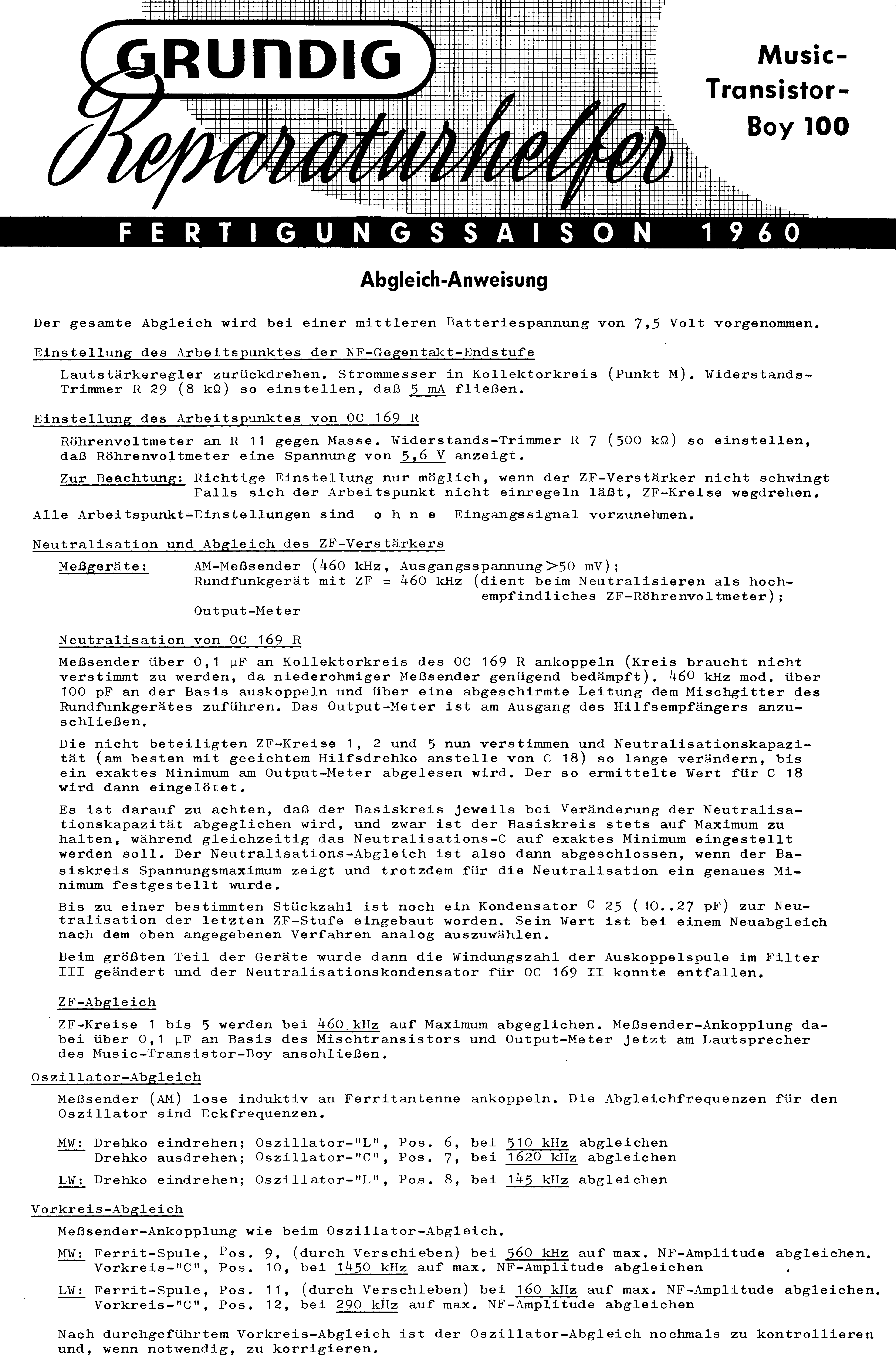 GRUNDIG MUSIK-TRANSISTOR-BOY 100 SM service manual