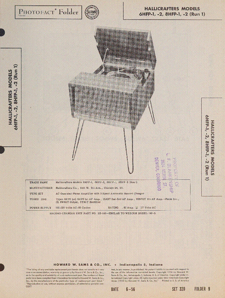 HALLICRAFTERS MODELS 6HFP-1 -2 8HFP-1 -2 RUN 1 SM service manual