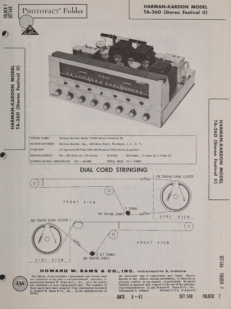 HARMAN-KARDON MODEL TA-260 STEREO FESTIVAL II SM service manual