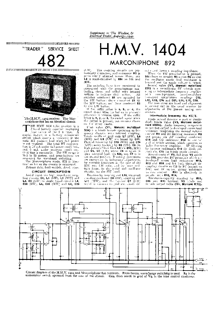 HMV 1404 MARCONIPHONE 892 RECEIVER 1940 SCH service manual
